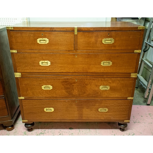 201 - CAMPAIGN CHEST, 102cm H x 103cm x 44cm, Victorian mahogany and brass bound in two parts with five dr... 