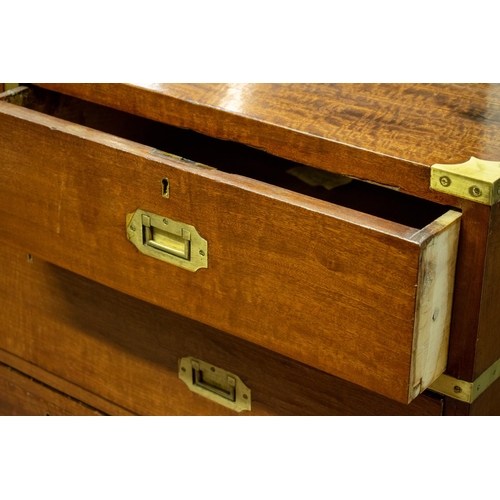 201 - CAMPAIGN CHEST, 102cm H x 103cm x 44cm, Victorian mahogany and brass bound in two parts with five dr... 