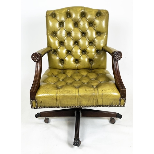 208 - CAPTAINS DESK CHAIR, buttoned green leather on swivel base with brass paw feet and castors, 97cm  H ... 