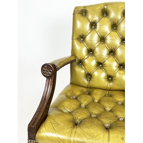 208 - CAPTAINS DESK CHAIR, buttoned green leather on swivel base with brass paw feet and castors, 97cm  H ... 