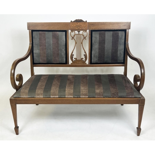 211 - HALL BENCH, Edwardian mahogany and inlaid with lyre back, scroll arms and striped upholstery, 102cm ... 