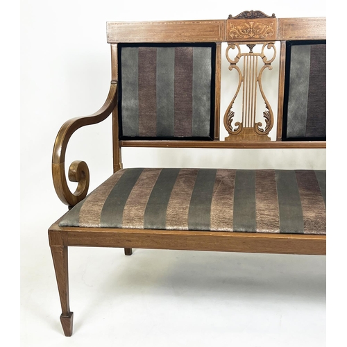 211 - HALL BENCH, Edwardian mahogany and inlaid with lyre back, scroll arms and striped upholstery, 102cm ... 