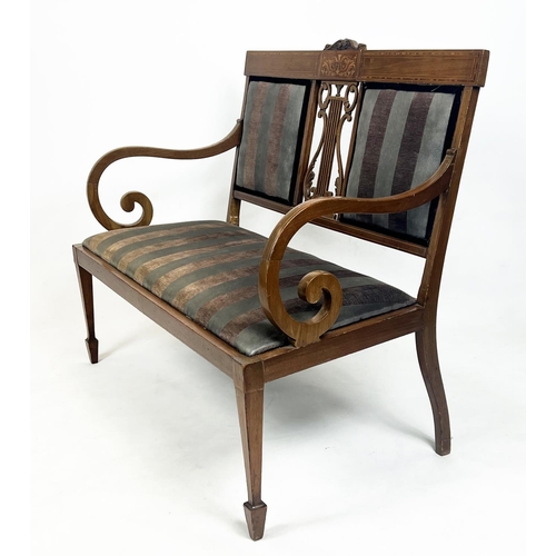 211 - HALL BENCH, Edwardian mahogany and inlaid with lyre back, scroll arms and striped upholstery, 102cm ... 