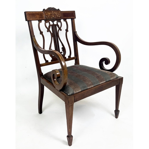 211 - HALL BENCH, Edwardian mahogany and inlaid with lyre back, scroll arms and striped upholstery, 102cm ... 