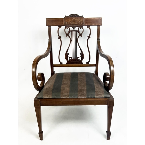 211 - HALL BENCH, Edwardian mahogany and inlaid with lyre back, scroll arms and striped upholstery, 102cm ... 