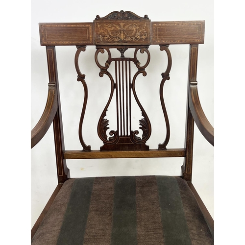 211 - HALL BENCH, Edwardian mahogany and inlaid with lyre back, scroll arms and striped upholstery, 102cm ... 