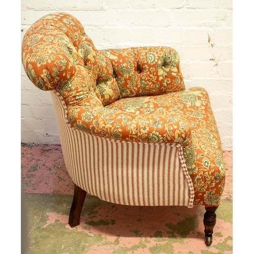 280 - ARMCHAIR, 75cm H x 69cm W, Edwardian in elephant patterned and striped upholstery on front castors.