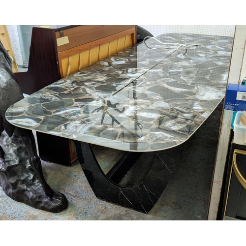 300 - TABLE, laminated top with faux agate finish, central opening section containing power points, 270cm ... 