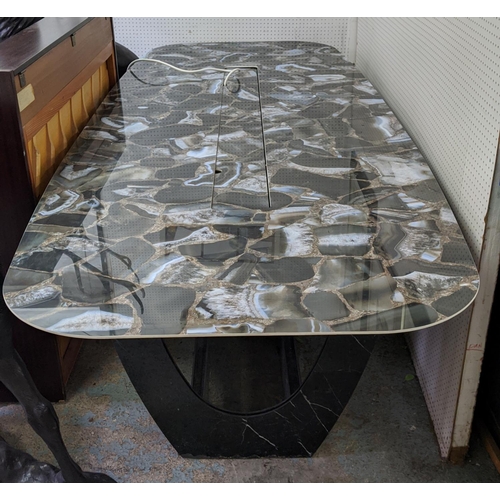 300 - TABLE, laminated top with faux agate finish, central opening section containing power points, 270cm ... 