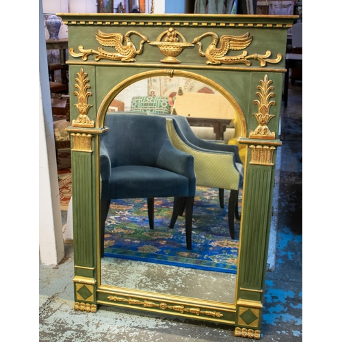 388 - OVERMANTLE, with arched plate in a green painted frame with gilt detail, 92cm x 130cm H.