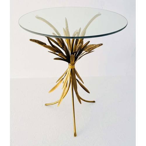 390 - MAISON JANSEN STYLE SIDE TABLE, 67cm high, 47cm diameter, wheat sheaf design, gilt metal, glass top.