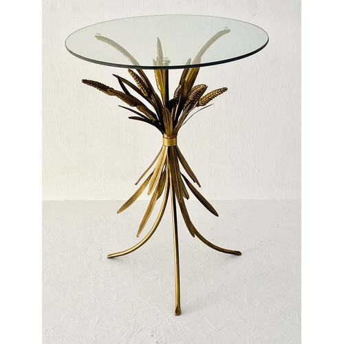 390 - MAISON JANSEN STYLE SIDE TABLE, 67cm high, 47cm diameter, wheat sheaf design, gilt metal, glass top.