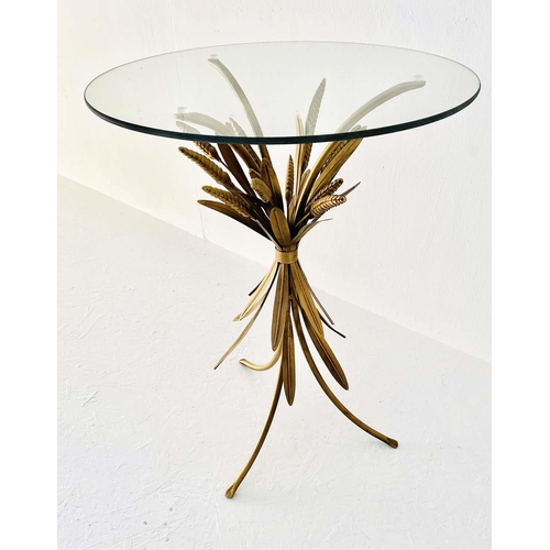 390 - MAISON JANSEN STYLE SIDE TABLE, 67cm high, 47cm diameter, wheat sheaf design, gilt metal, glass top.