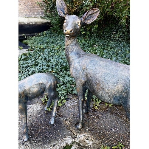 393 - CONTEMPORARY SCHOOL SCULPTURAL STUDIES, a set of two, depicting a Doe and Fawn, resin, in a bronzed ... 