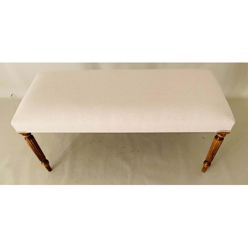 394 - WINDOW SEAT, 48cm high, 96cm wide, 40cm deep, neutral linen upholstered seat, turned legs.