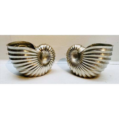 395 - WINE COOLERS, a pair, in the form of sea shells, polished metal, 18cm x 26cm x 17cm. (2)