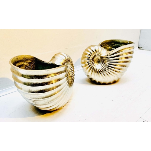 395 - WINE COOLERS, a pair, in the form of sea shells, polished metal, 18cm x 26cm x 17cm. (2)