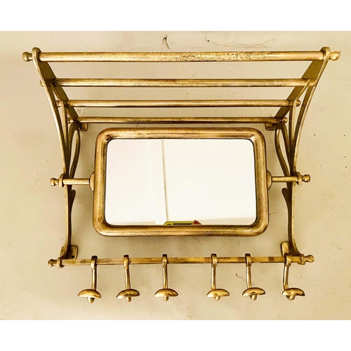 396 - WALL MOUNTING LUGGAGE RACK, gilt metal finish, articulating mirror, six hooks to base, 54cm x 67cm x... 