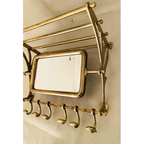 396 - WALL MOUNTING LUGGAGE RACK, gilt metal finish, articulating mirror, six hooks to base, 54cm x 67cm x... 