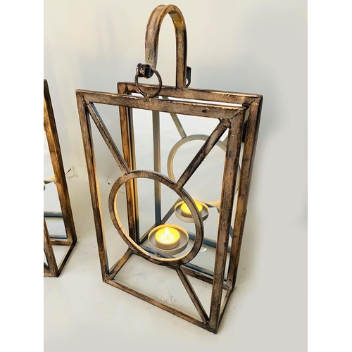 415 - WALL HANGING CANDLE LANTERNS, a set of six, Art Deco style, mirrored backs, 43cm x 22cm x 11cm. (6)