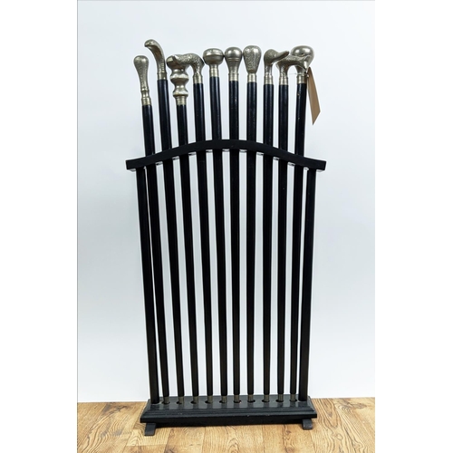 480 - WALKING STICKS, a collection set of ten, various handles, in stand, 51cm x 18cm x 98cm. (10)