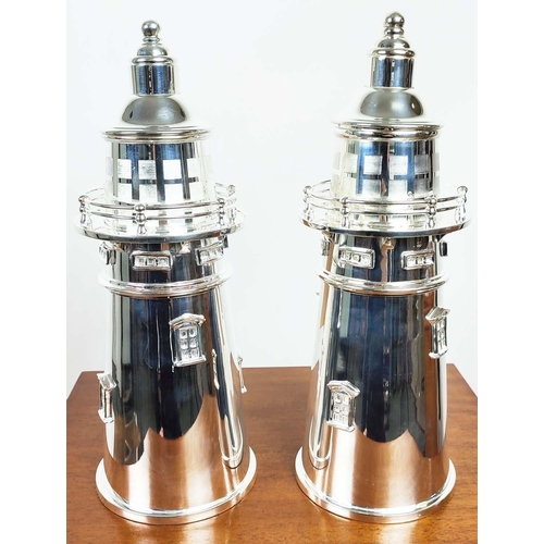 513 - LIGHTHOUSE COCKTAIL SHAKERS, a pair, polished metal, 35cm H x 13cm diam. (2)