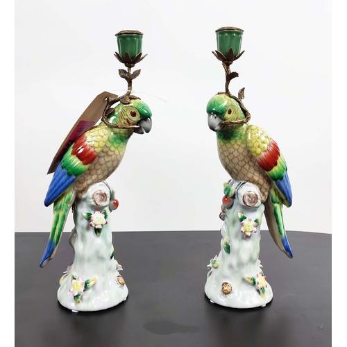 514 - CANDLESTICKS, a pair, each in the form of a parrot on a perch, ceramic and gilt metal, 36cm H. (2)