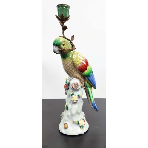 514 - CANDLESTICKS, a pair, each in the form of a parrot on a perch, ceramic and gilt metal, 36cm H. (2)