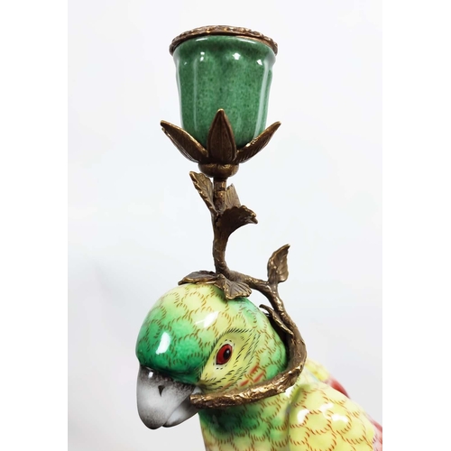 514 - CANDLESTICKS, a pair, each in the form of a parrot on a perch, ceramic and gilt metal, 36cm H. (2)