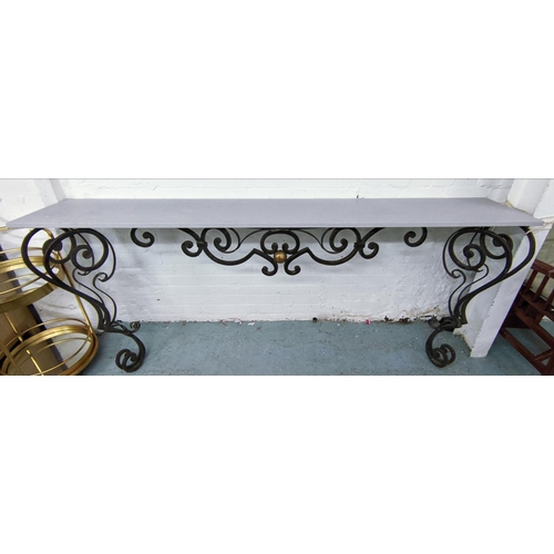 529 - CONSOLE TABLE, stone top, wrought metal base, 215cm x 45cm x 91cm approx..