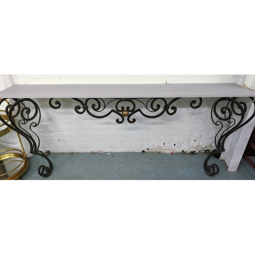 529 - CONSOLE TABLE, stone top, wrought metal base, 215cm x 45cm x 91cm approx..