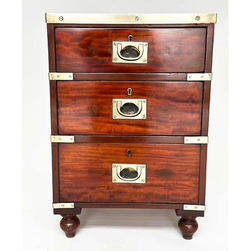 115 - CAMPAIGN CHESTS, a pair, mahogany and brass bound each with three drawers and turned supports, 44cm ... 