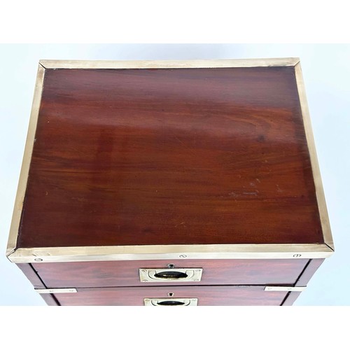 115 - CAMPAIGN CHESTS, a pair, mahogany and brass bound each with three drawers and turned supports, 44cm ... 