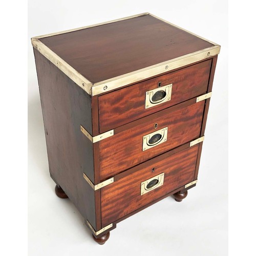 115 - CAMPAIGN CHESTS, a pair, mahogany and brass bound each with three drawers and turned supports, 44cm ... 