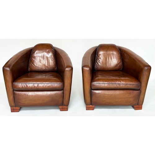 138 - AVIATOR ARMCHAIRS, a pair, mid 20th century brown natural soft tan leather with converging backs and... 