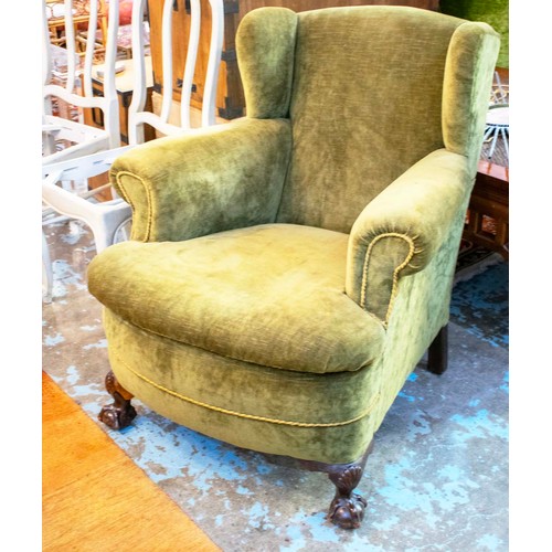 206 - WING ARMCHAIR, 93cm H x 79cm, late 19th century in olive green velvet.