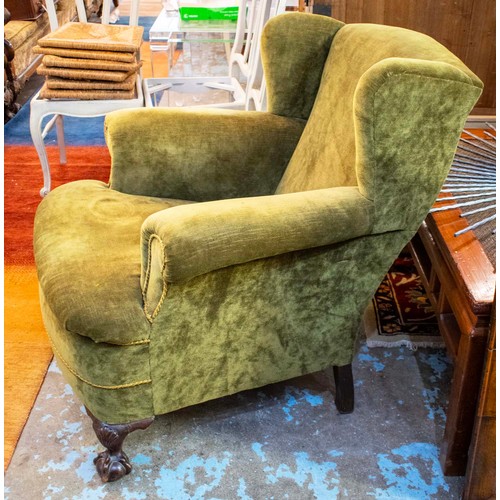 206 - WING ARMCHAIR, 93cm H x 79cm, late 19th century in olive green velvet.