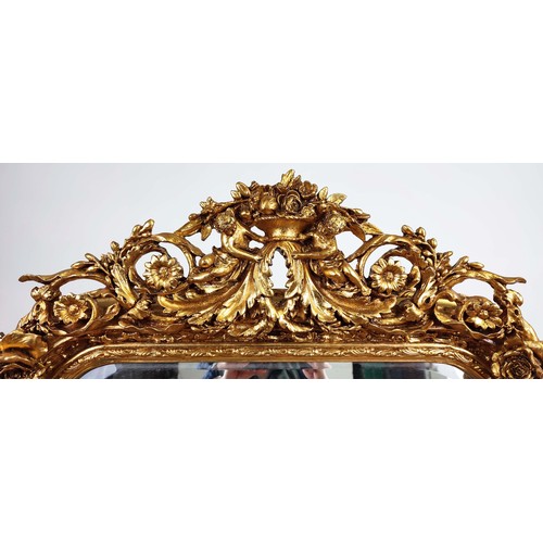 471 - WALL MIRROR, rococo style, giltwood frame, cherub and urn surmount, bevelled edge glass, 155cm H x 8... 