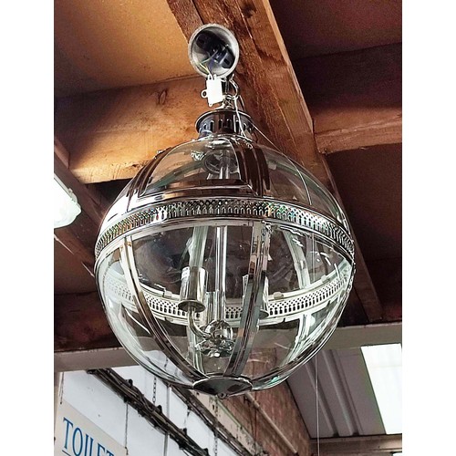 523 - GLOBE PENDANT LIGHT, Regency style, polished metal and glazed, 67cm drop not including fittings appr... 