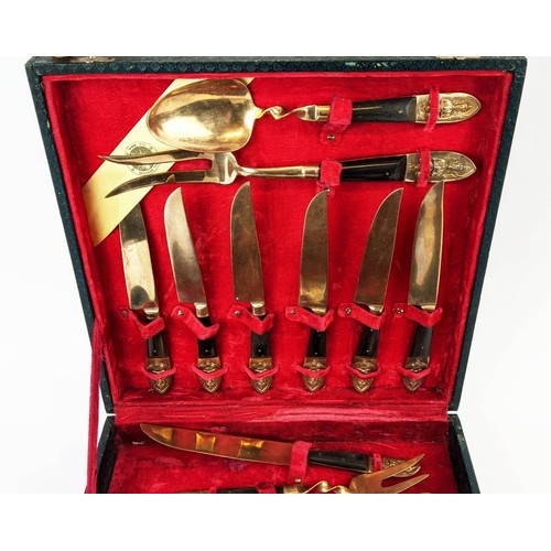 491 - A SIAM CANTEEN OF CUTLERY, Thai bronze with horn handles, comprising six knives, six forks and six t... 