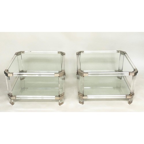 496 - LAMP/SIDE TABLES, a pair, 1970's lucite square rounded each with shelf, 45cmx  45cm x 40cm H. (2)