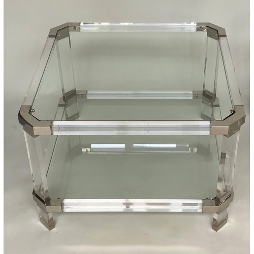 496 - LAMP/SIDE TABLES, a pair, 1970's lucite square rounded each with shelf, 45cmx  45cm x 40cm H. (2)