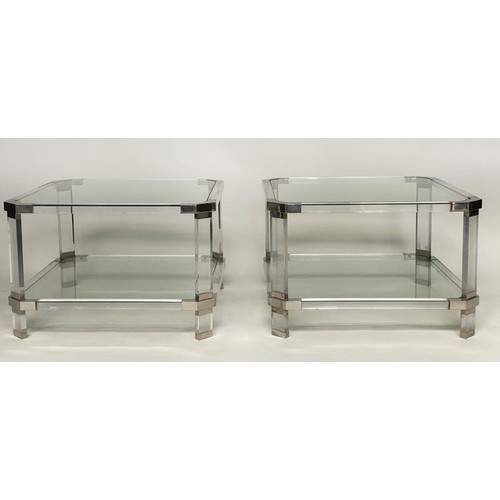 496 - LAMP/SIDE TABLES, a pair, 1970's lucite square rounded each with shelf, 45cmx  45cm x 40cm H. (2)