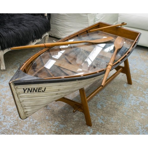 499 - BOAT LOW TABLE, 50cm H x 143cm W x 58cm D, painted wood modelled as a rowing boat on stand with inse... 