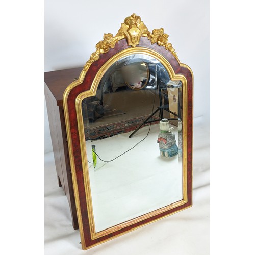 387 - OVERMANTEL MIRROR, 78cm x 131cm H, reproduction with a simulated tortoiseshell and gilt frame.