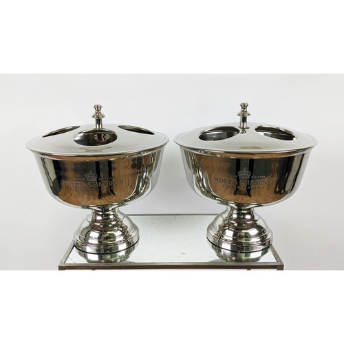 518 - CHAMPAGNE COOLERS, a pair, four sectioned, polished metal, 32cm H x 37cm diam. (2)