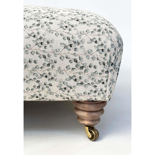 118 - HEARTH STOOL, Country House style rectangular, with eucalyptus print fabric upholstery, and long tur... 