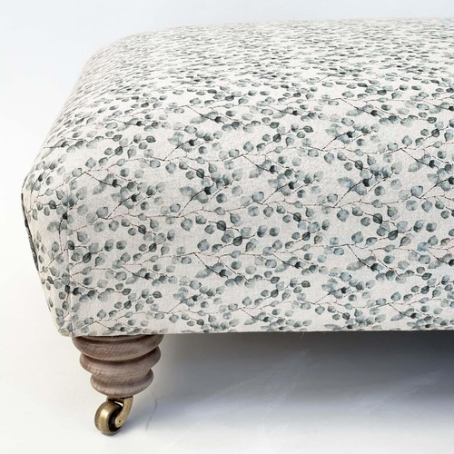 118 - HEARTH STOOL, Country House style rectangular, with eucalyptus print fabric upholstery, and long tur... 