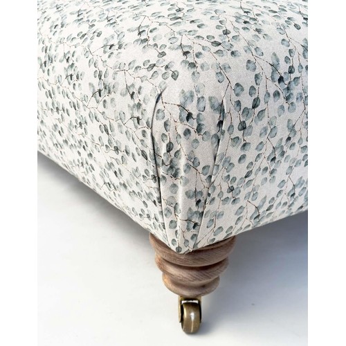 118 - HEARTH STOOL, Country House style rectangular, with eucalyptus print fabric upholstery, and long tur... 