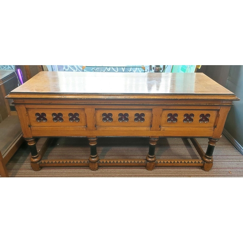 171 - LIBRARY CENTRE TABLE, 74cm x 88cm H x 190cm L, oak Victorian, ebonised and red velvet lined with car... 